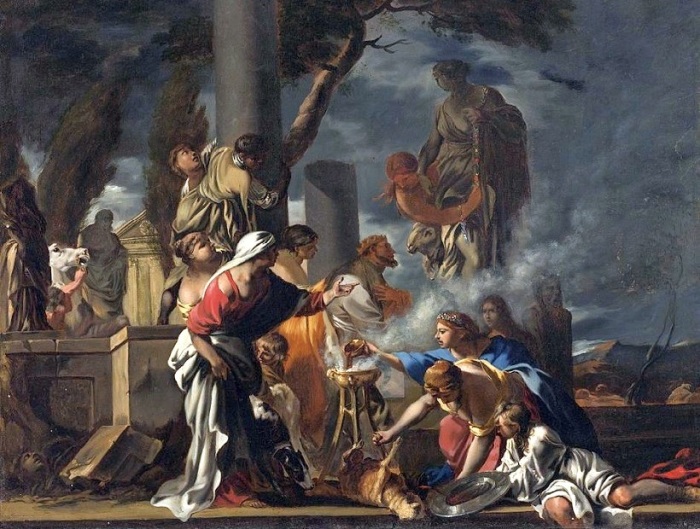 Царь Соломон приносит жертвоприношение идолам.( 17 век). Автор: Себастьян Бурдон.