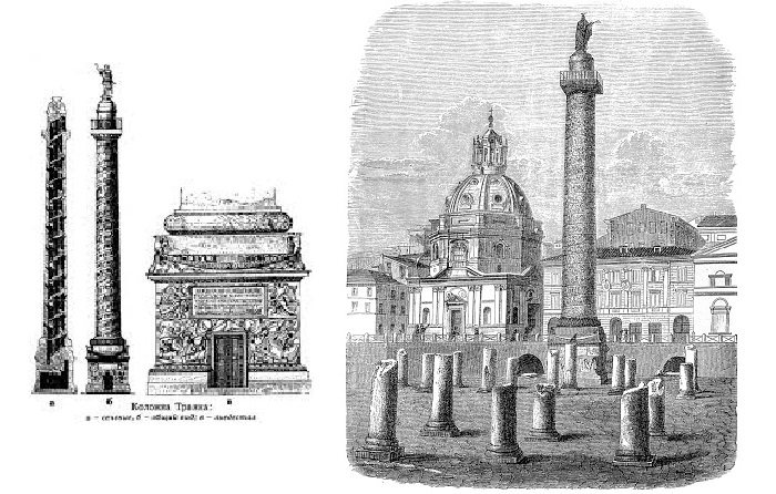 Колонна Траяна в разрезе. (Общий вес сооружения составляет приблизительно 40 тонн). / Гравюра Колонны Траяна. 1645 год.