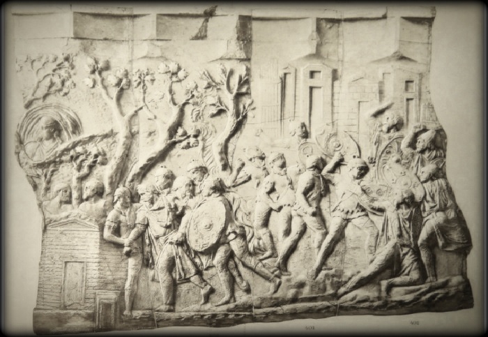 Колонна Траяна в Риме. Фрагмент рельефа. Пленение Децибала — вождя даков. 