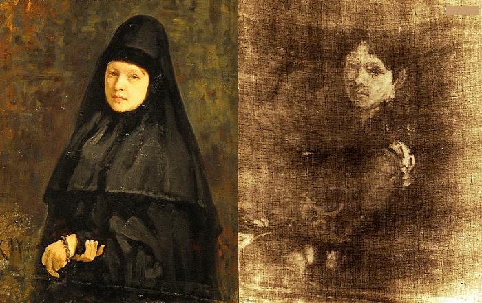 И.Е.Репин. <br>«Монахиня» 1878 г. и ее рентгенограмма.
