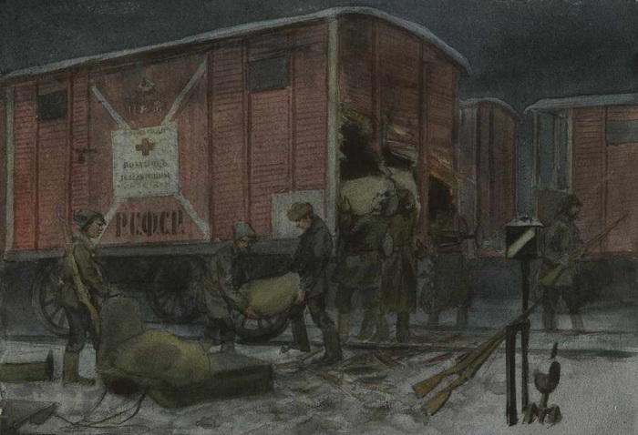 Ночное разграбление вагона с помощью от Красного креста (1922).  Автор: Иван Владимиров.