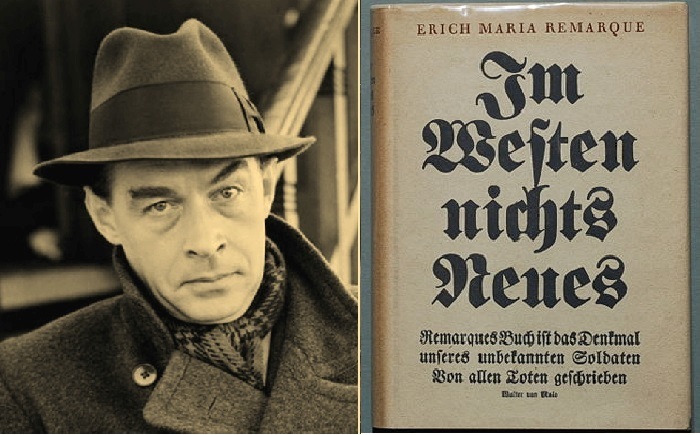 Немецкий писатель Эрих Мария Ремарк. / Обложка первого издания романа «На Западном фронте без перемен» 1929 года.