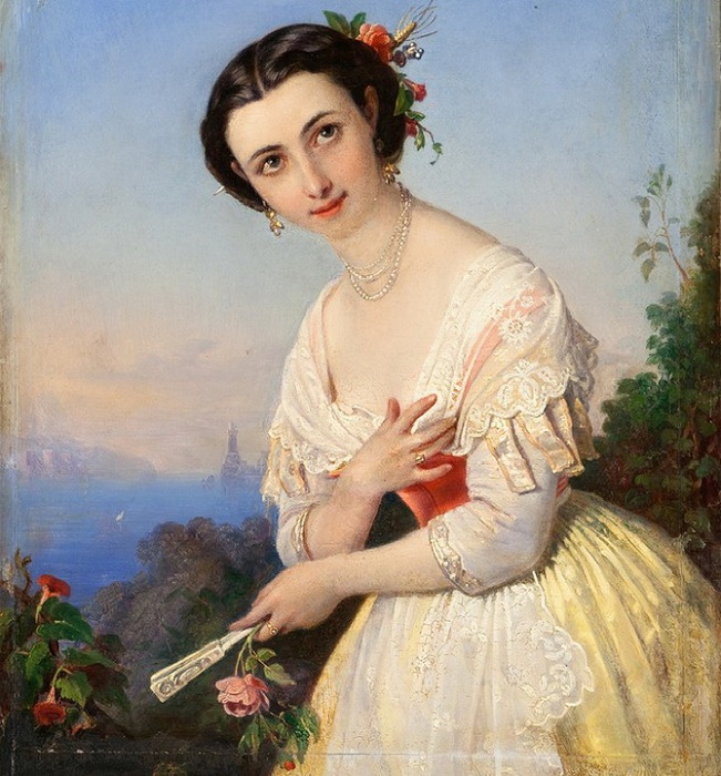 Портрет девушки с веером. (1859 год). Автор: П.Орлов.