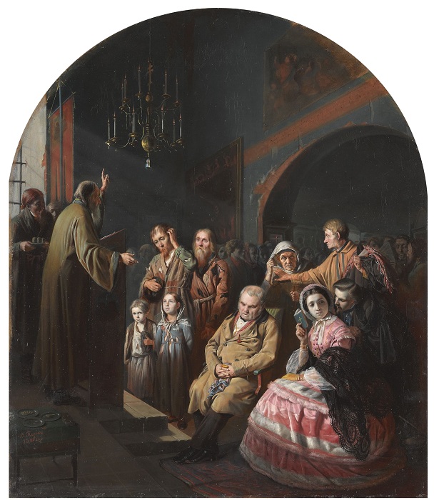 Проповедь в селе. (1861). Автор: В.Перов.