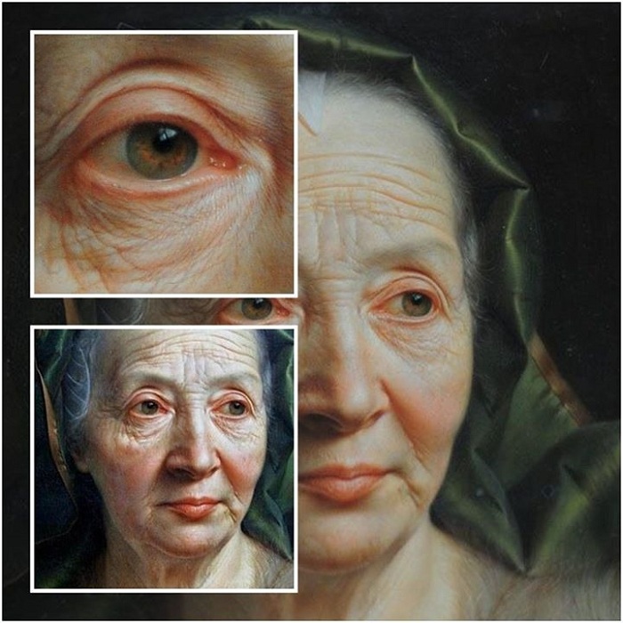 «Портрет пожилой женщины в зеленом шарфе». Фрагменты. Автор: Кристиан Сейболд.