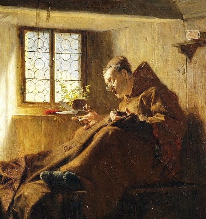 Монах в келье шьет капюшон. Автор: Эдуард фон Грютцнер.