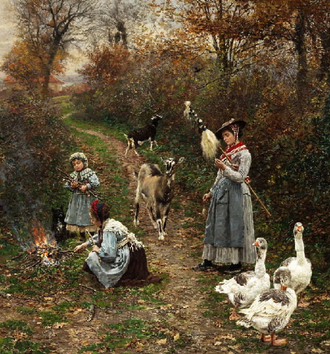 «Пастушка на опушке леса разжигает костер». (1880 год). Автор: Фирмен-Жирар.  