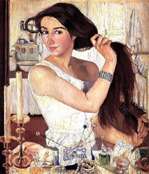 «За туалетом». Автопортрет. (1909). Автор: Зинаида Серебрякова.
