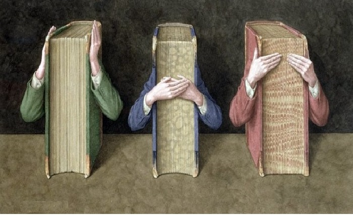 Три мудрых книги. Из серии иллюстраций «Жизнь книг». Автор: Джонатан Уолстенхолм.