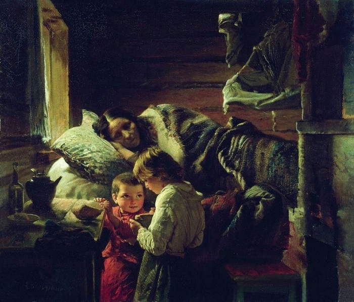 «У краюшки хлеба». (1890). Автор: А.И.Корзухин.
