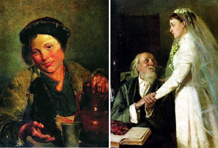 «Мальчик, продающий квас». (1861). / «К венцу» (1894). Автор: Владимир Маковский.