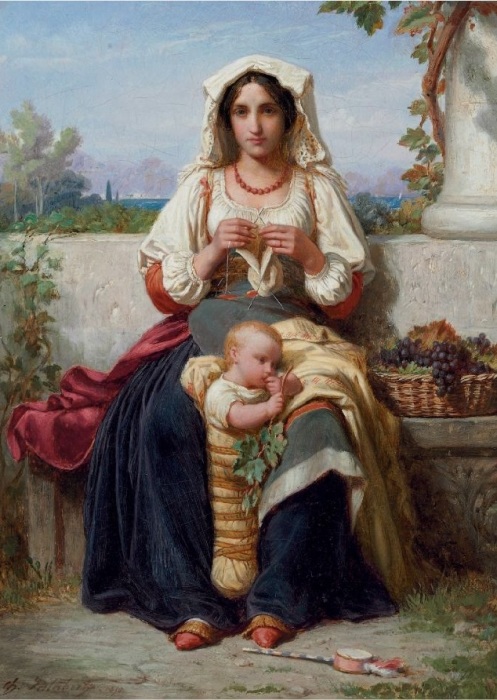 Итальянка с ребенком за вязанием.