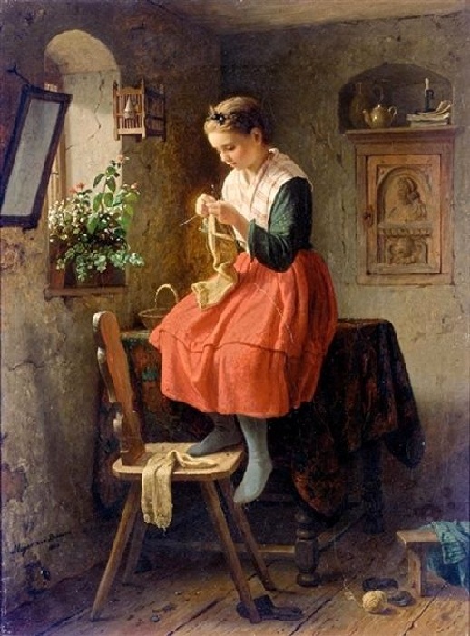 Девочка за вязанием. Автор: Johann Georg Meyer.