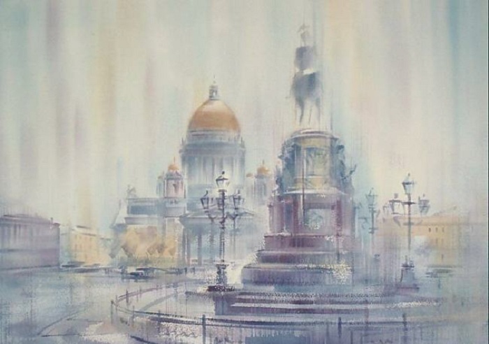 «Дождь на Исаакиевской площади». Акварели Константина Кузёмы.