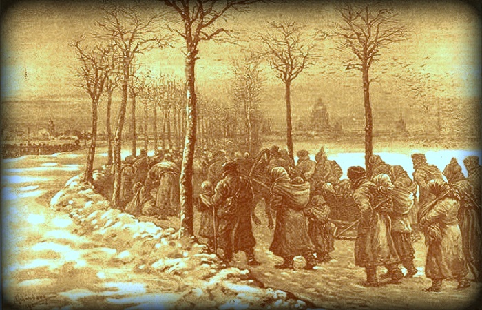 Западная иллюстрация — голодные крестьяне толпой идут в поисках пропитания в Санкт-Петербург.