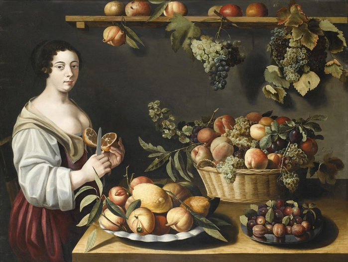 Натюрморт с фруктами и молодой служанкой. 97 х 125.5 Дерево, масло. Частное собрание.  Автор: Луиза Муайон.