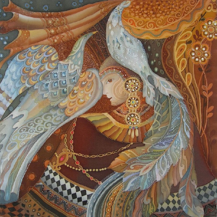 «Две птицы». Роспись по шелку (батик). Автор: Любовь Тощева.