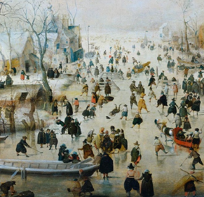 Зимний пейзаж с жителями, катающимися на льду. (Фрагмент 2)