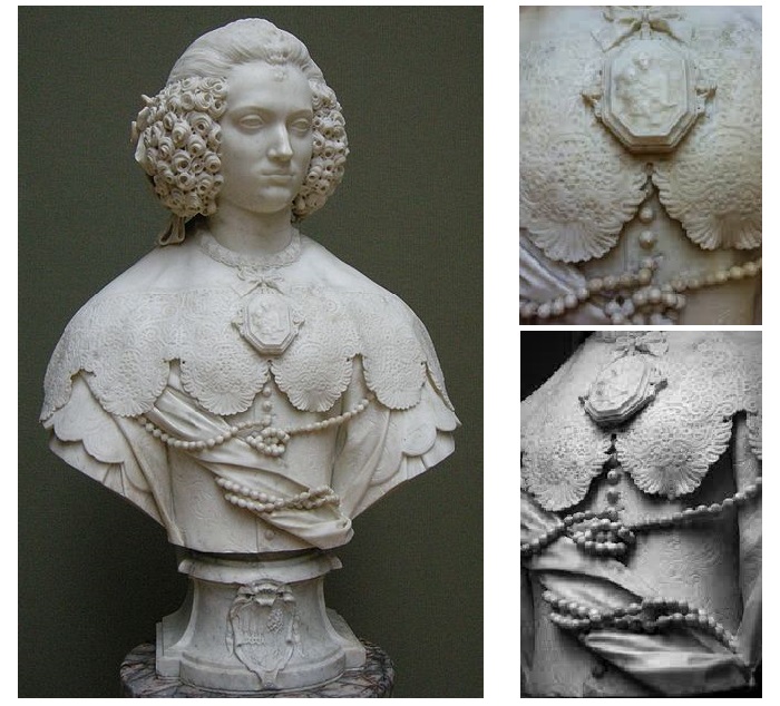  Бюст «Мария Капраника» (Bust of Maria Cerri Capranica) 1637, Музей Гетти , Калифорния . Фрагменты. Скульптор: Джулиано Финелли.