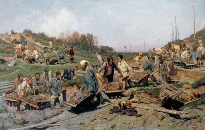 «Ремонтные работы на железной дороге» (1874 год). Автор: К.А.Савицкий.
