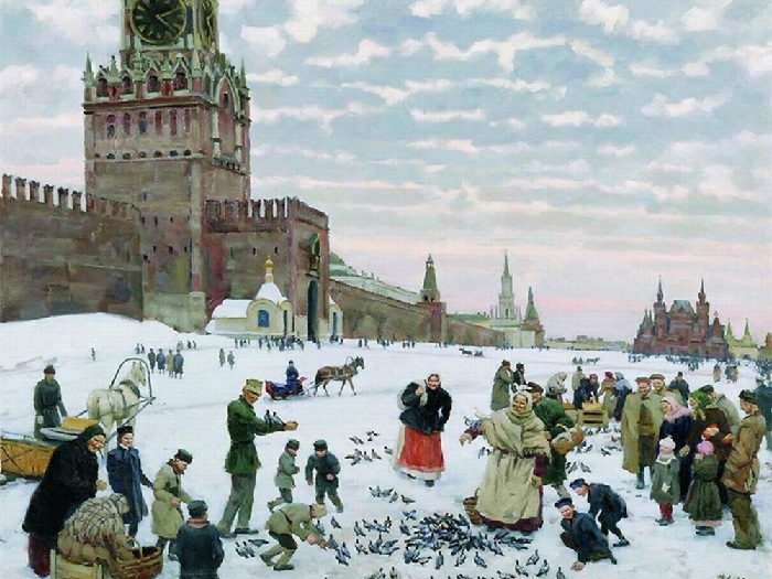 Кормление голубей на Красной площади. 1946.  Автор: Константин Юон.