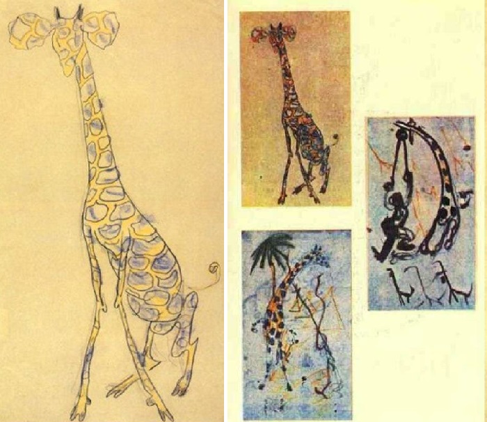Известна серия зарисовок с жирафами, появившаяся, видимо, от того, что сам поэт получил прозвище «Жираф» за высокий рост и знаменитую желтую кофту. Наброски Владимира Маяковского.