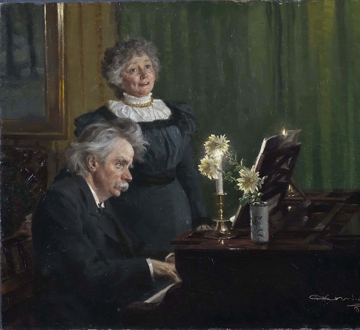  Эдвард Григ, аккомпонирующий своей жене Нине. (1892 год).  Масло на холсте. Художник: Педер Северин Крёйер.