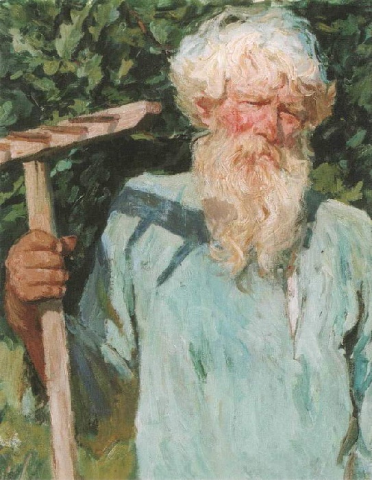 «Петр Григорьевич Черняев с граблями». (1940 год). Автор: А.А.Пластов.