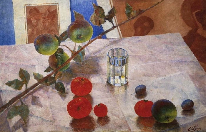 Розовый натюрморт. Ветка яблони. (1918). Автор: Кузьма Петров-Водкин.