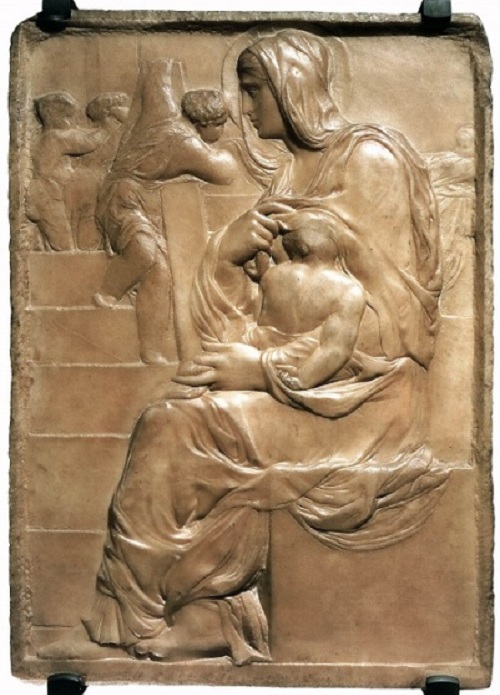 Мадонна у лестницы. (1491). Автор: Микеланджело Буонарроти.