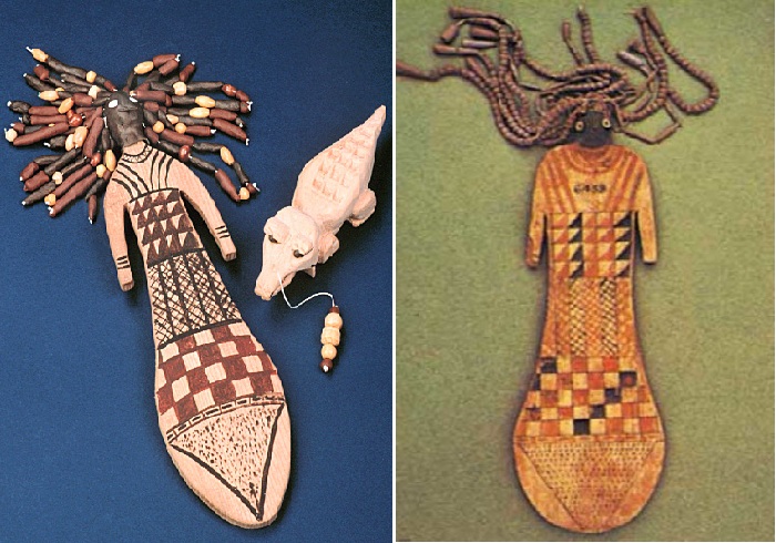 Древнеегипетская обрядовая кукла (около 2100—1700 годы до нашей эры). Глина, дерево, льняная нить.