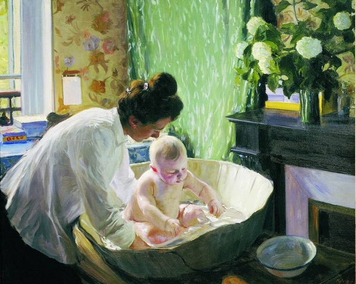  Утро. Жена Юлия с сыном Кириллом.(1904). Автор: Б.М.Кустодиев.