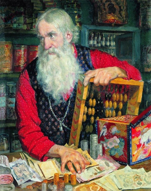 Купец (Старик с деньгами). (1918). Автор: Б.М.Кустодиев.