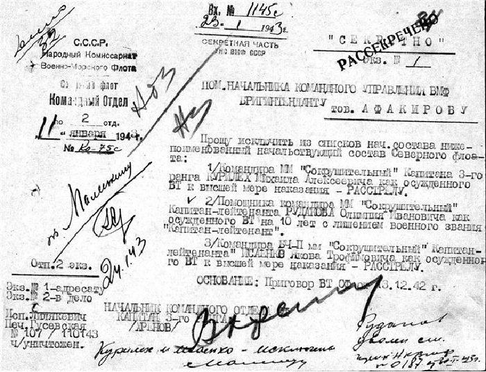 Приговор, вынесенный командному составу эсминца «Сокрушительный» в 1942 году. 