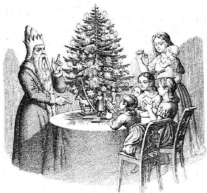 Это одна из старых немецких гравюр, на которой дети и сам Санта Клаус собрались у «дерева Клауса». Гравюра из немецкой книги «50 басен с картинками для детей».