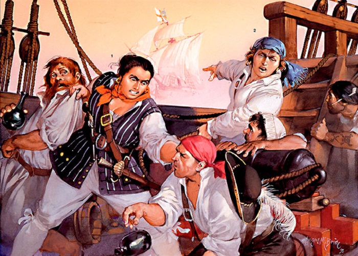 Энн Бонни и Мэри Рид разбираются с пиратами 1720 г.