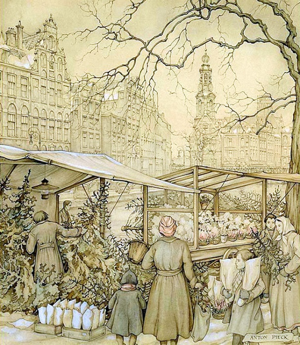 Городской цветочный рынок Амстердама в Рождество