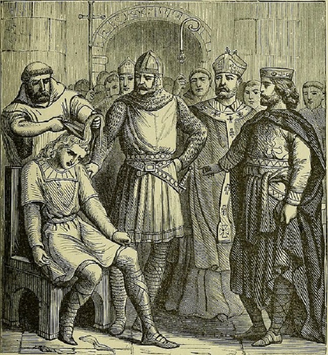 Король Пипин Короткий наблюдает за выстрижением головы свергнутого им с трона экс-короля Хильдерика III, высылаемого в монастырь
