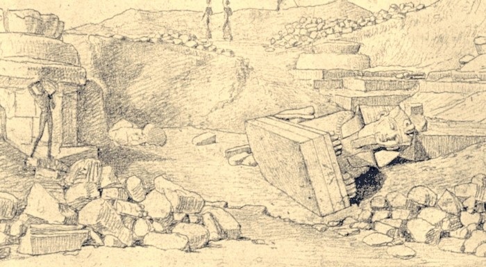 Раскопки храма Аменхотепа III. Гравюра Дж. Бономи, фрагмент. 