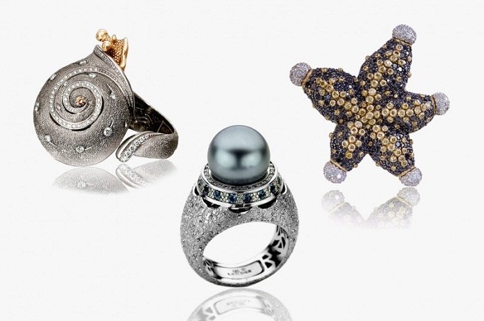 Кольцо-улитка, бриллиантовая морская звезда и кольцо с таитянской жемчужиной от Alex Soldier