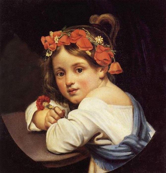 Орест Кипренский. Девочка в маковом венке с гвоздикой в руке (Мариучча). 1819 г.