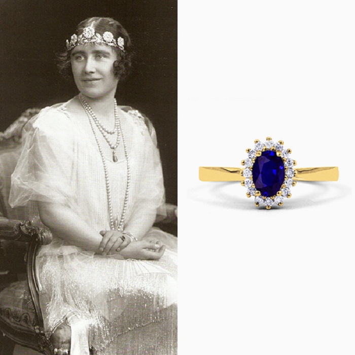 Помолвочное кольцо Елизаветы Боуз-Лайон из желтого валлийского золота с крупным синим сапфиром в обрамлении бриллиантов