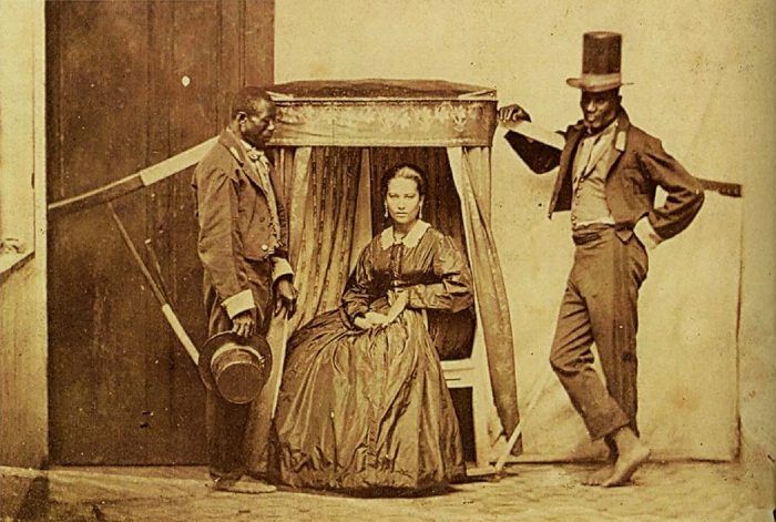 Дама в паланкине с двумя рабами, Бразилия, штат Баия, 1860 год.