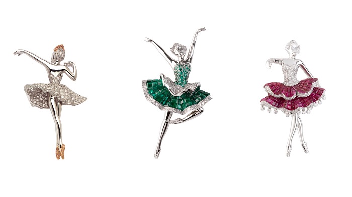 Балерины из коллекции «Ballet Precieux», выполненные из изумрудов, рубинов и бриллиантов, соответствующих трем частям знаменитого балета