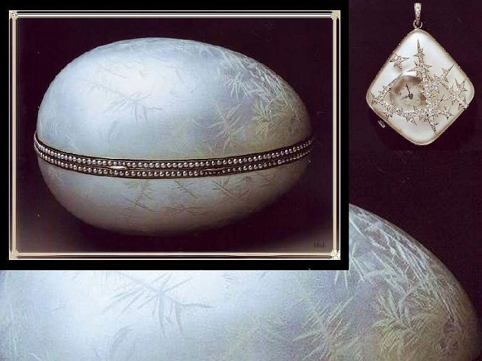 «Ледяное яйцо», 1912 год. Платина, серебро, прозрачная белая эмаль, жемчужины, горный хрусталь, бриллианты. Выполнено для Эммануила Нобеля