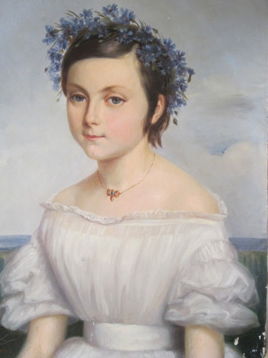 Bathilde Goblain. Portrait de jeune fille a la couronne de bleuets.