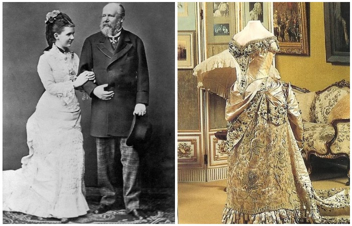 Эмма Вальдек-Пирмонтская, королева Нидерландов с супругом Виллемом III. Свадебное платье 1879 года