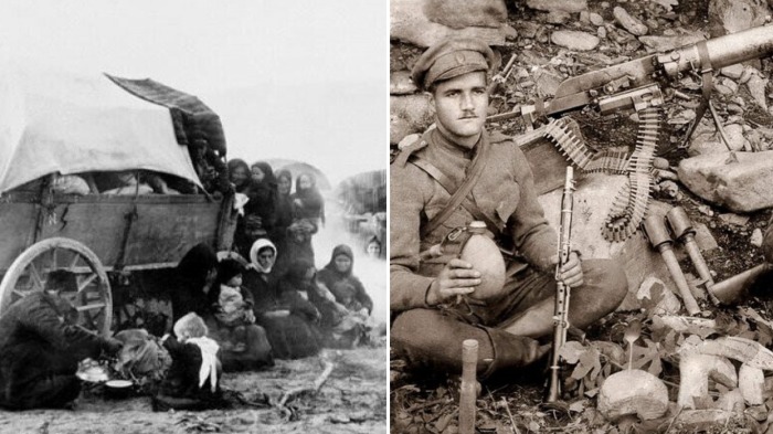 Болгарские беженцы и солдат Петрича.