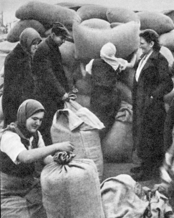колхозники Ивановской области отправляют семенной фонд в освобожденные районы Смоленской области, 1943 год.