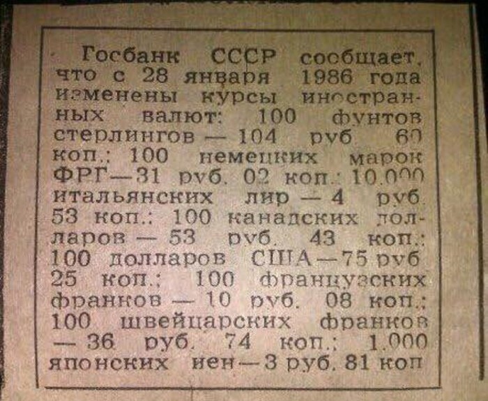 Газетная вырезка с официальным курсом валют в СССР